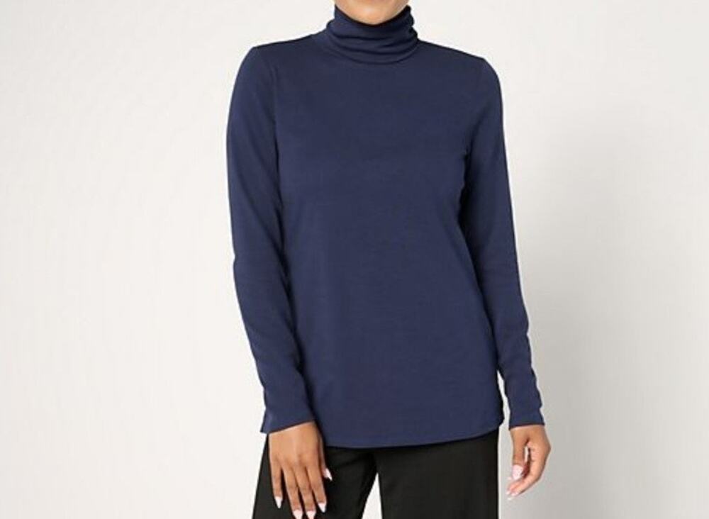 Belle Kim Gravel Med Italian Navy Tripleluxe MicroRibbed Turtleneck A666954 NWOT